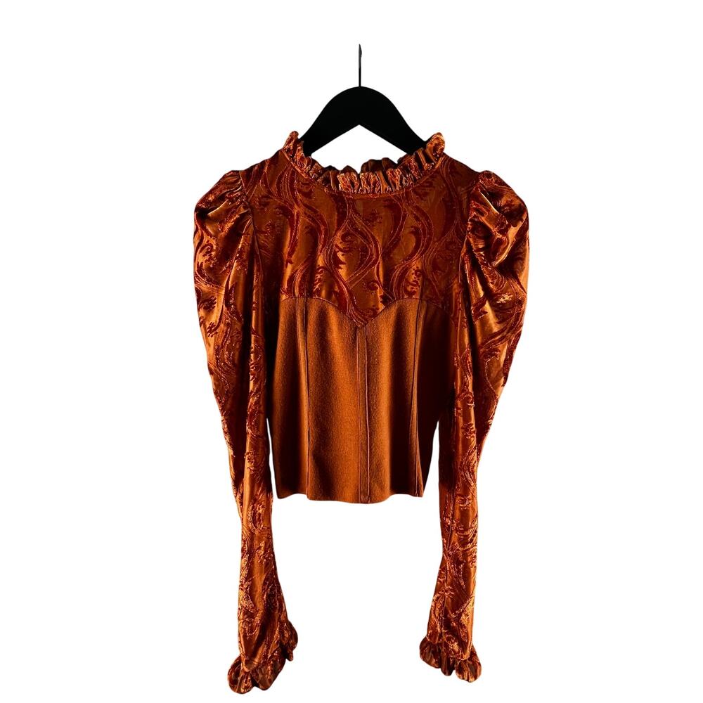 On 12th Burnt Orange Velvet Burnout Corset Top Puff Sleeve